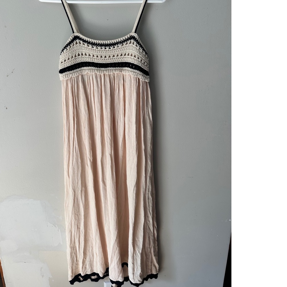 Zara Crochet Knit Bodice Crinkle Midi Dress Cream Black Boho Summer Flowy Size M - Picture 2 of 8